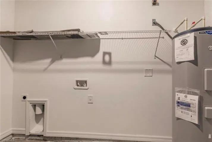 Utility space featuring a water heater, wire shelving, and laundry hookups