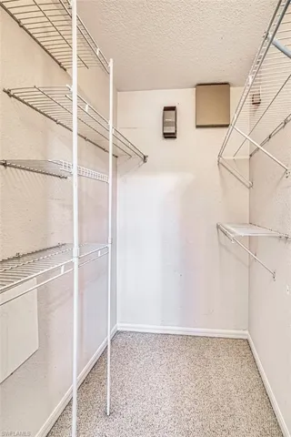 Spacious walk-in closet with carpet flooring