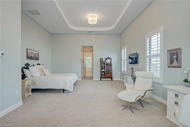 Primary Bedroom featuring a raised ceiling and light carpet