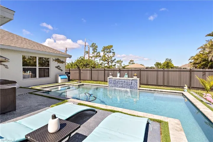 View of swimming pool with a fenced backyard and a patio