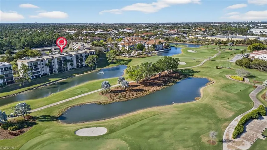 Bird's eye view of a golf club and a large body of water