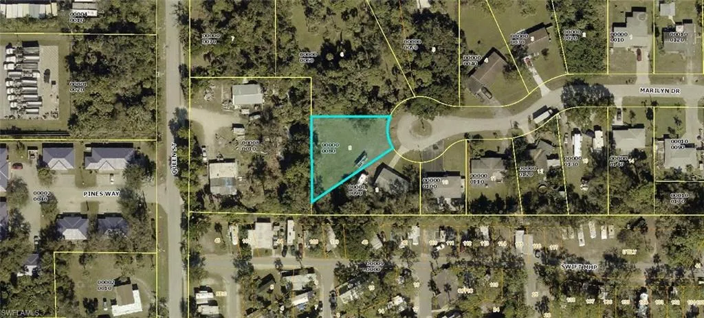 Aerial overview of property's location with property boundaries highlighted