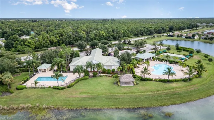 Birds eye view of property with a water view