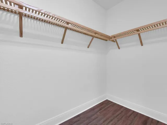 Walk in closet with dark wood finished floors