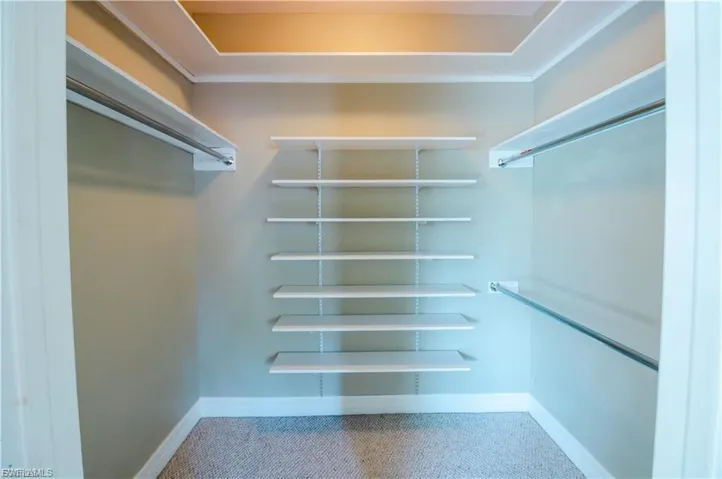 Walk in closet featuring light colored carpet