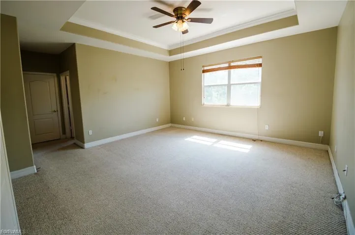 Carpeted empty room with ornamental molding, ceiling fan, and a raised ceiling