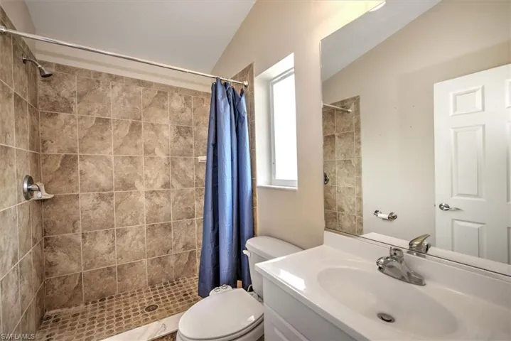 Bathroom featuring vanity, toilet, walk in shower, and lofted ceiling