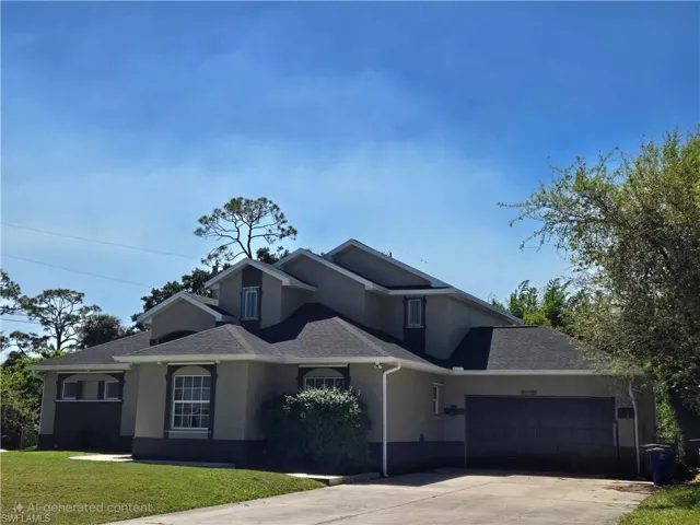 View of front facade featuring stucco siding, an attached garage, concrete driveway, and a front lawn
