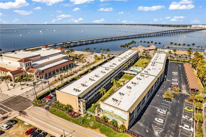Aerial view of a notable bridge and a nearby body of water