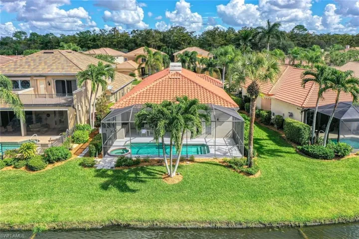 View from above of property featuring a pool area and lake.