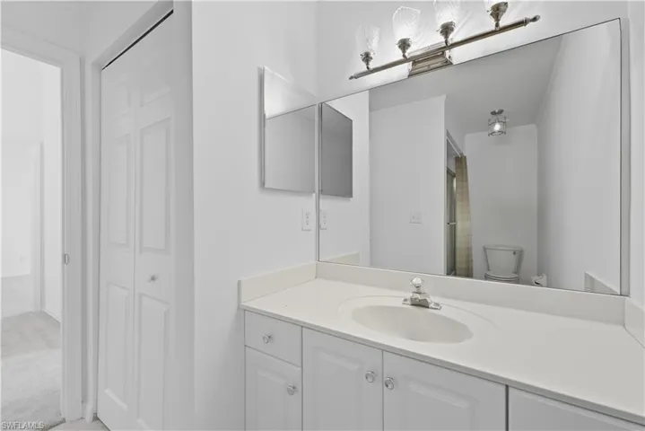 Full bath featuring a closet, vanity, carpet flooring, and a shower with shower curtain