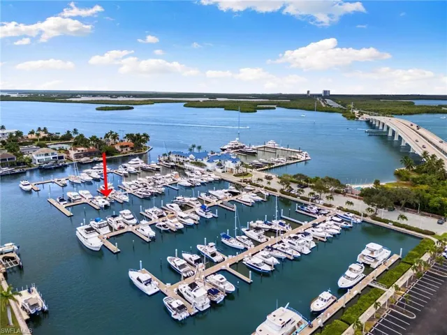 Aerial view of a large body of water and a marina