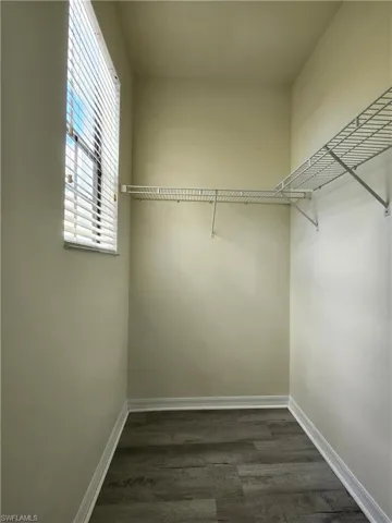 Walk in closet featuring dark wood-style floors