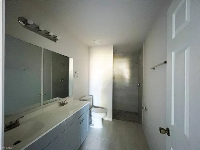 Bathroom featuring vanity, toilet, and walk in shower