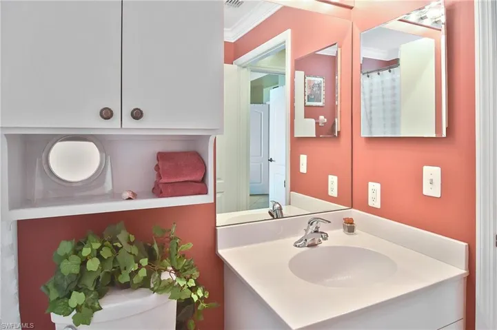 Bathroom featuring crown molding, vanity, and a shower with curtain