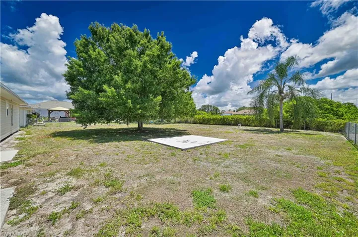 Expansive grassy yard featuring a large mature tree, a single palm tree, and a concrete pad