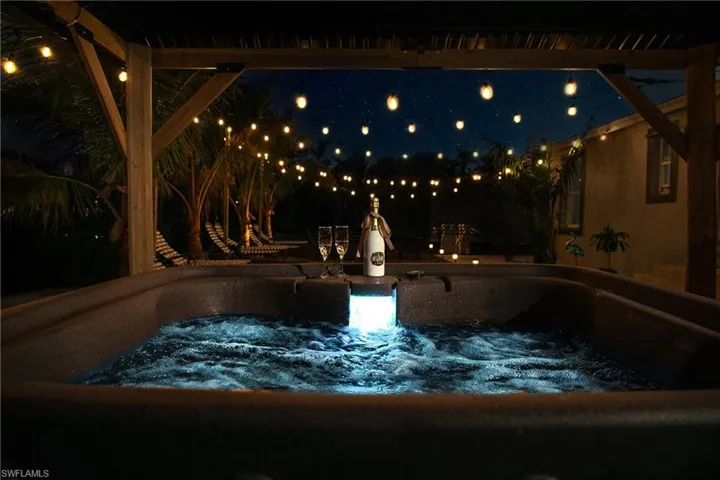 View of pool at night