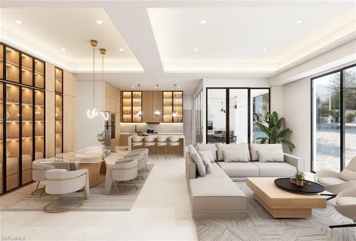 Open-concept living space featuring a dining area with built-in illuminated display cabinetry, a kitchen with integrated appliances, and a living area with large-pane sliding glass doors (Rendered photo)