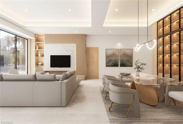 Open concept living area featuring recessed lighting, a built-in media center with a marble surround, and a slatted wood accent wall (Rendered photo)