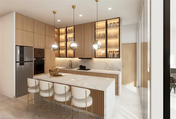 Modern kitchen featuring a waterfall island with integrated seating, light wood-finish cabinetry, and marble-patterned countertops and backsplash (Rendered photo)