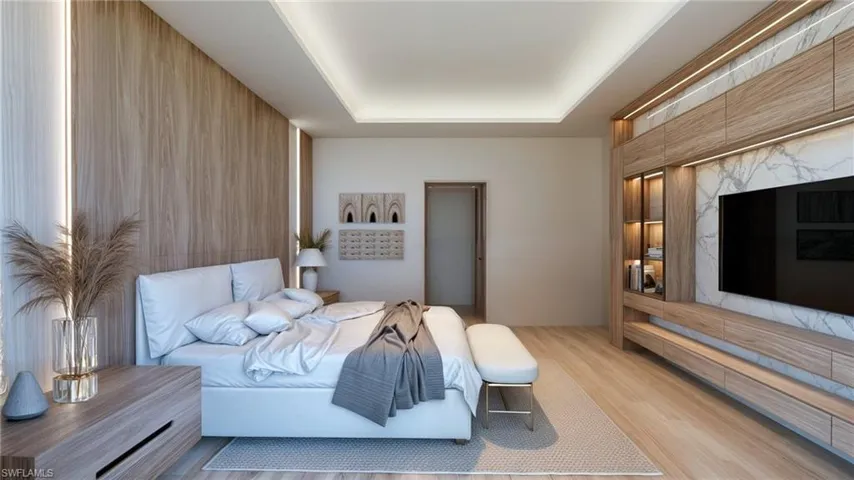 Spacious room featuring wood-finish accent wall panels, recessed ceiling lighting, and wood-finish flooring (Rendered photo)