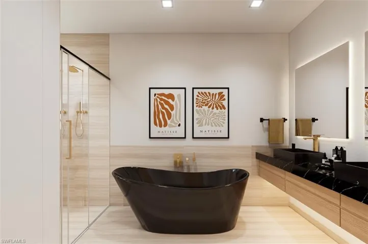 Contemporary bathroom featuring a freestanding black soaking tub, a dual vanity with black countertop and vessel sinks, and a glass-enclosed shower with gold-tone fixtures (Rendered photo)