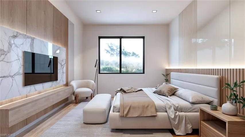Room featuring wood-finish paneling, a floating entertainment console, and a large window with black framing (Rendered photo)