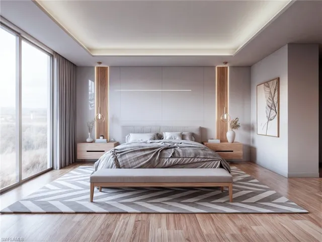 Expansive floor-to-ceiling window, wood-finish flooring, recessed ceiling lighting, built-in bedside tables with integrated lighting, and a neutral color palette (Rendered photo)