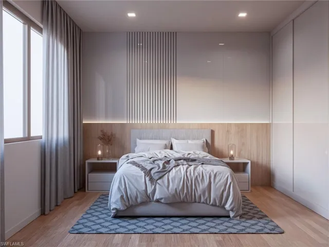 Bedroom featuring wood-finish flooring, full-height windows with drapery, recessed ceiling lighting, and a built-in wardrobe with panel doors (Rendered photo)