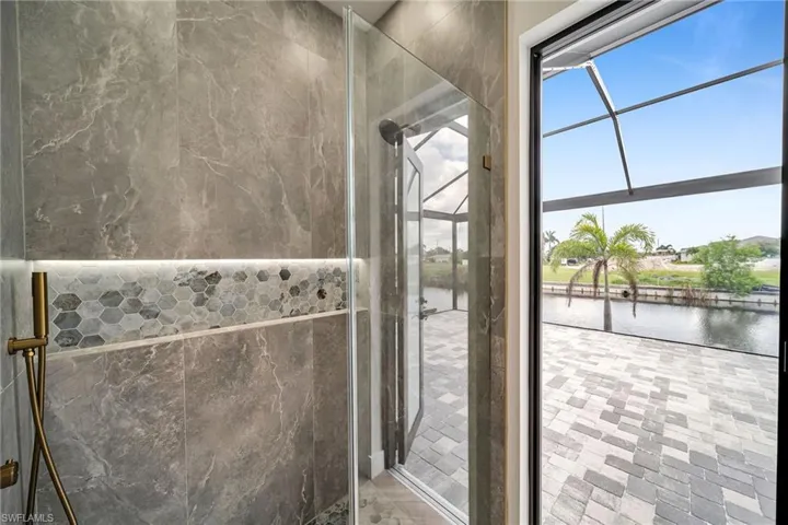 Bathroom with a water view