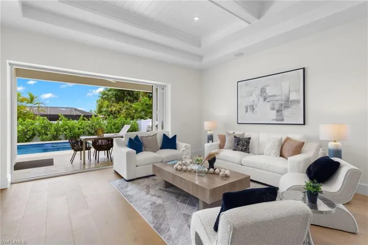 Living room with a tray ceiling and light hardwood / wood-style floors