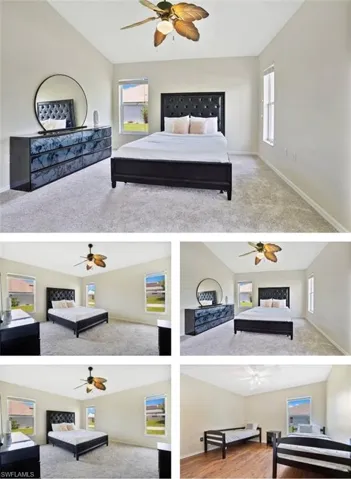 Bedroom featuring vaulted ceiling, carpet, a ceiling fan, a fireplace, and wood finished floors