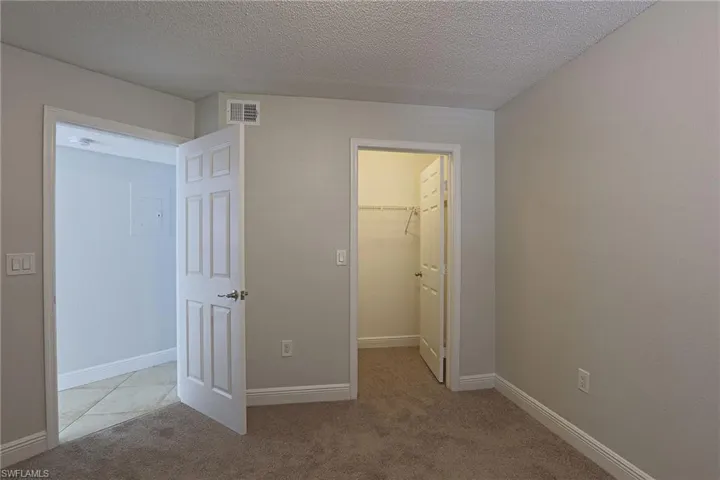 Unfurnished bedroom with light colored carpet, a spacious closet, and a textured ceiling