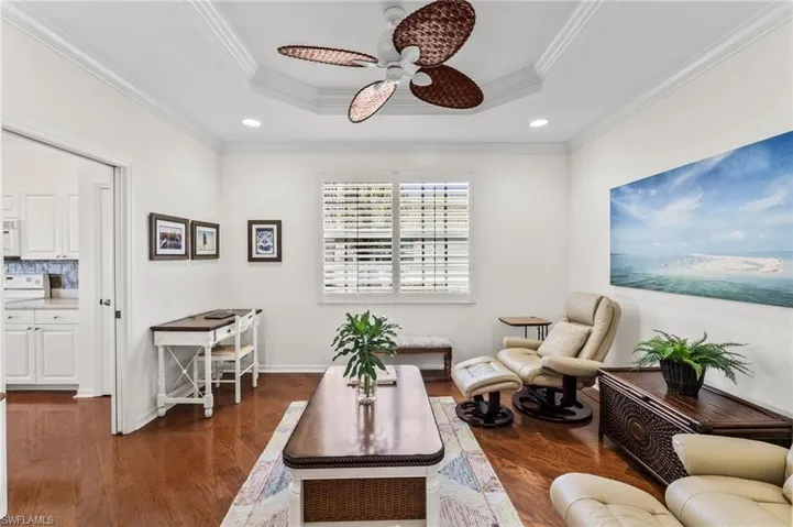 Versatile Den/Study with stunning ceiling detail, plantations shutters and recessed lighting.