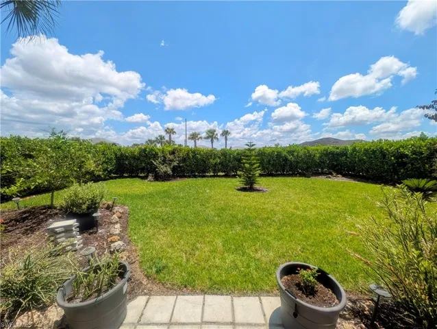 Expansive green lawn with a dense hedge border