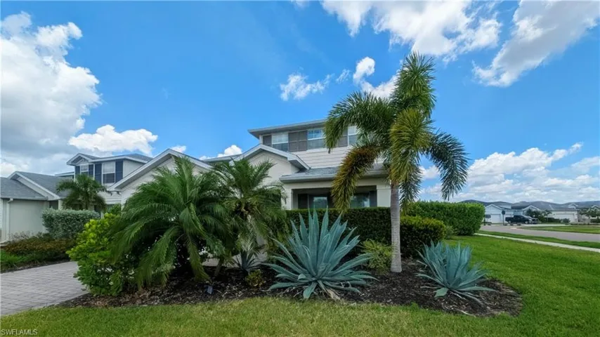 Manicured landscaping with mature palm trees and agave plants