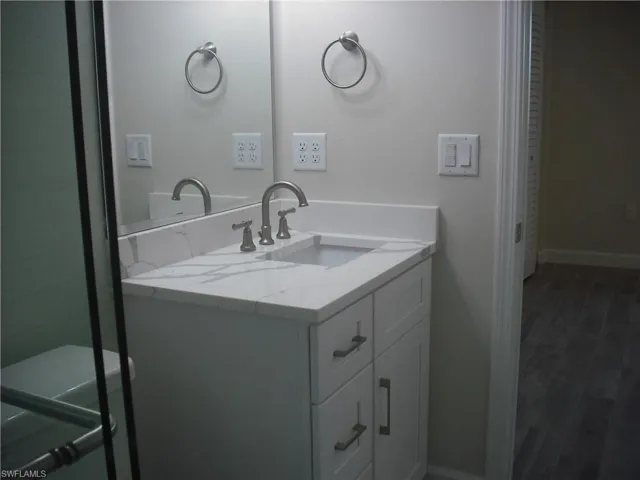 Bathroom featuring baseboards, wood finished floors, and vanity