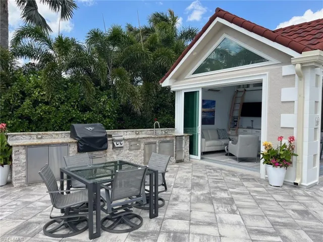 View of patio with an outdoor kitchen and outdoor dining space