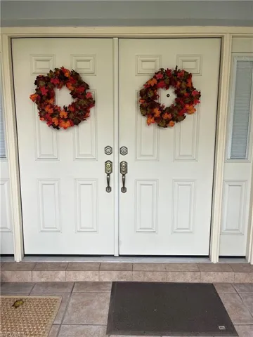 Double entry doors with paneled detailing and polished brass hardware