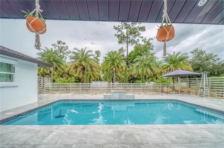 View of swimming pool with a fenced backyard and a patio