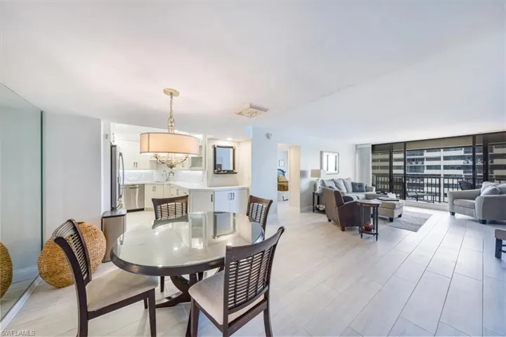 Dining area with a wall of windows