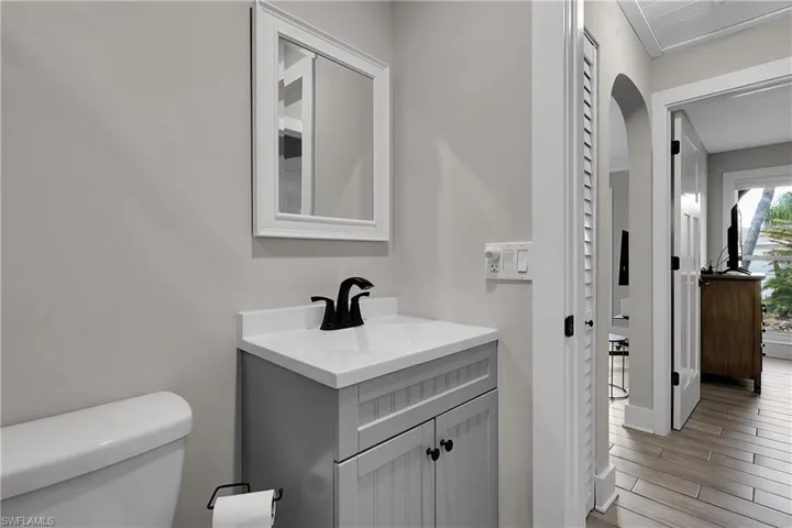 Bathroom featuring vanity and light wood-style flooring
