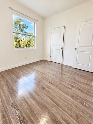 Neutral-toned interior space featuring wood-finish flooring, white walls, two interior panel doors, and a single-pane window with exterior greenery