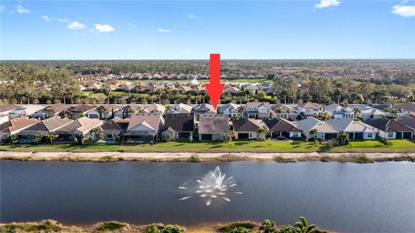 Birds eye view of property with a water view and a residential view