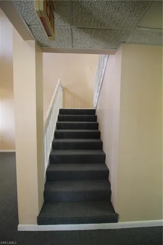 Stairway featuring carpet floors and a drop ceiling