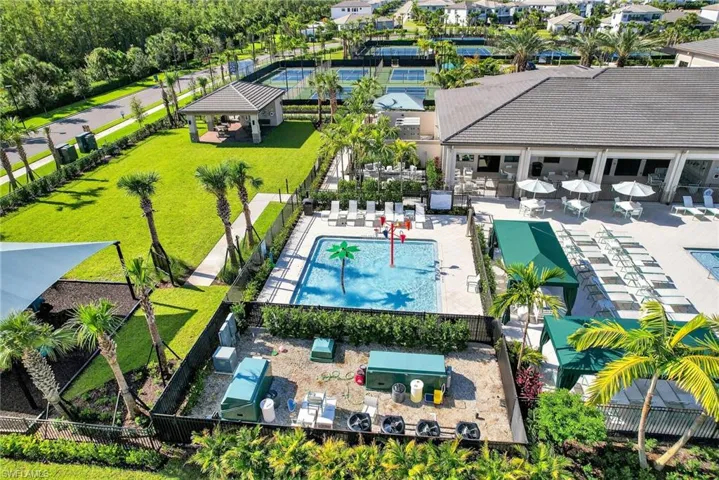 Drone / aerial view of a pool area