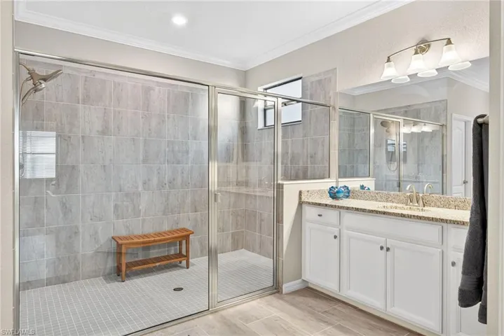Full bathroom with crown molding, vanity, and a stall shower
