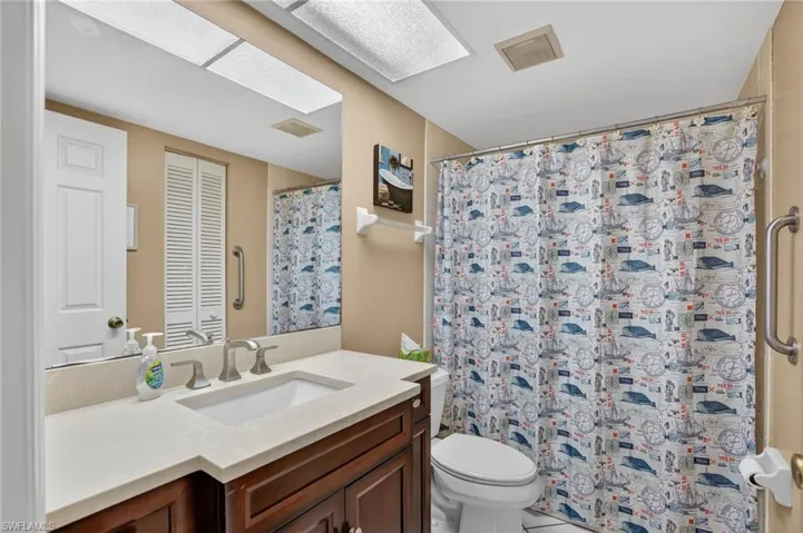 Bathroom featuring vanity, a skylight, and a shower with curtain