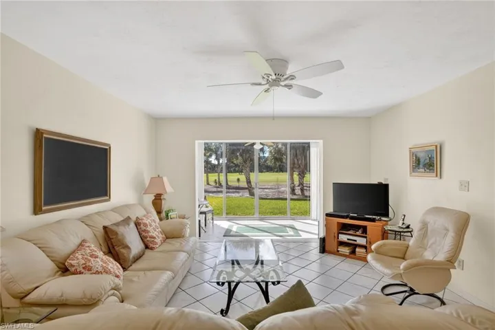 Tiled living area with ceiling fan