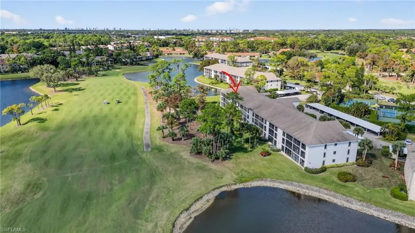 Bird's eye view of a large body of water and a golf course